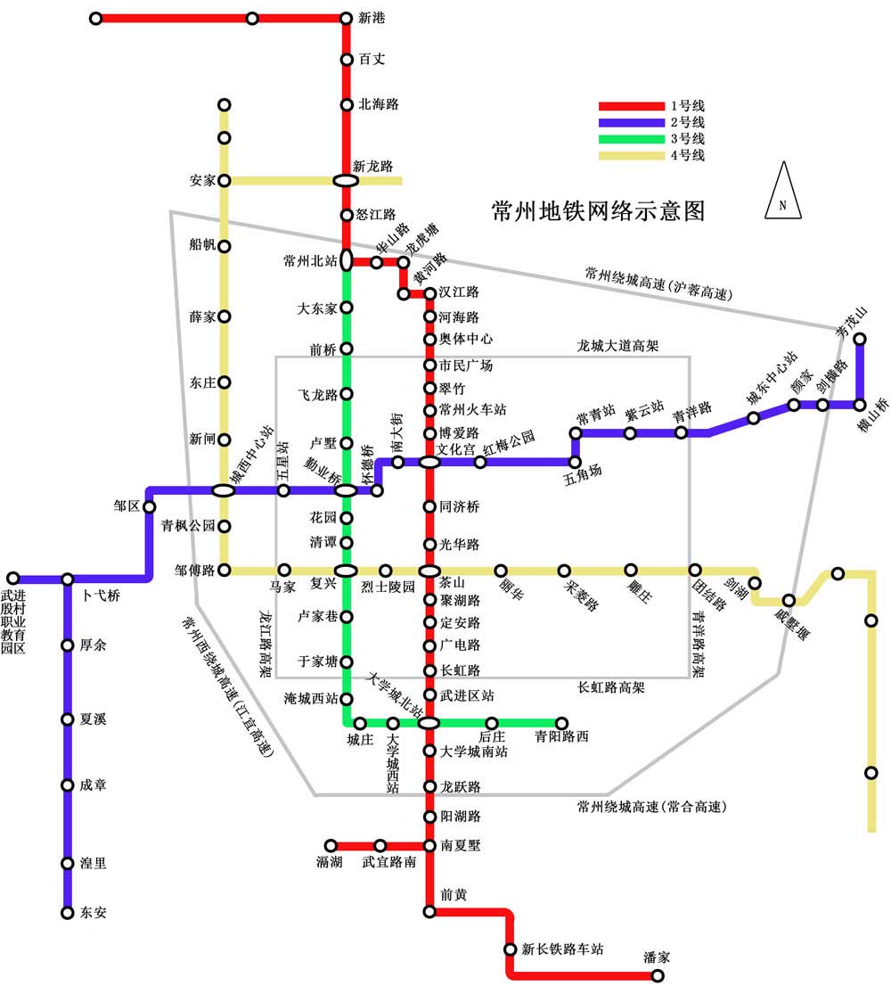 常州地铁4条线站点规划示意图